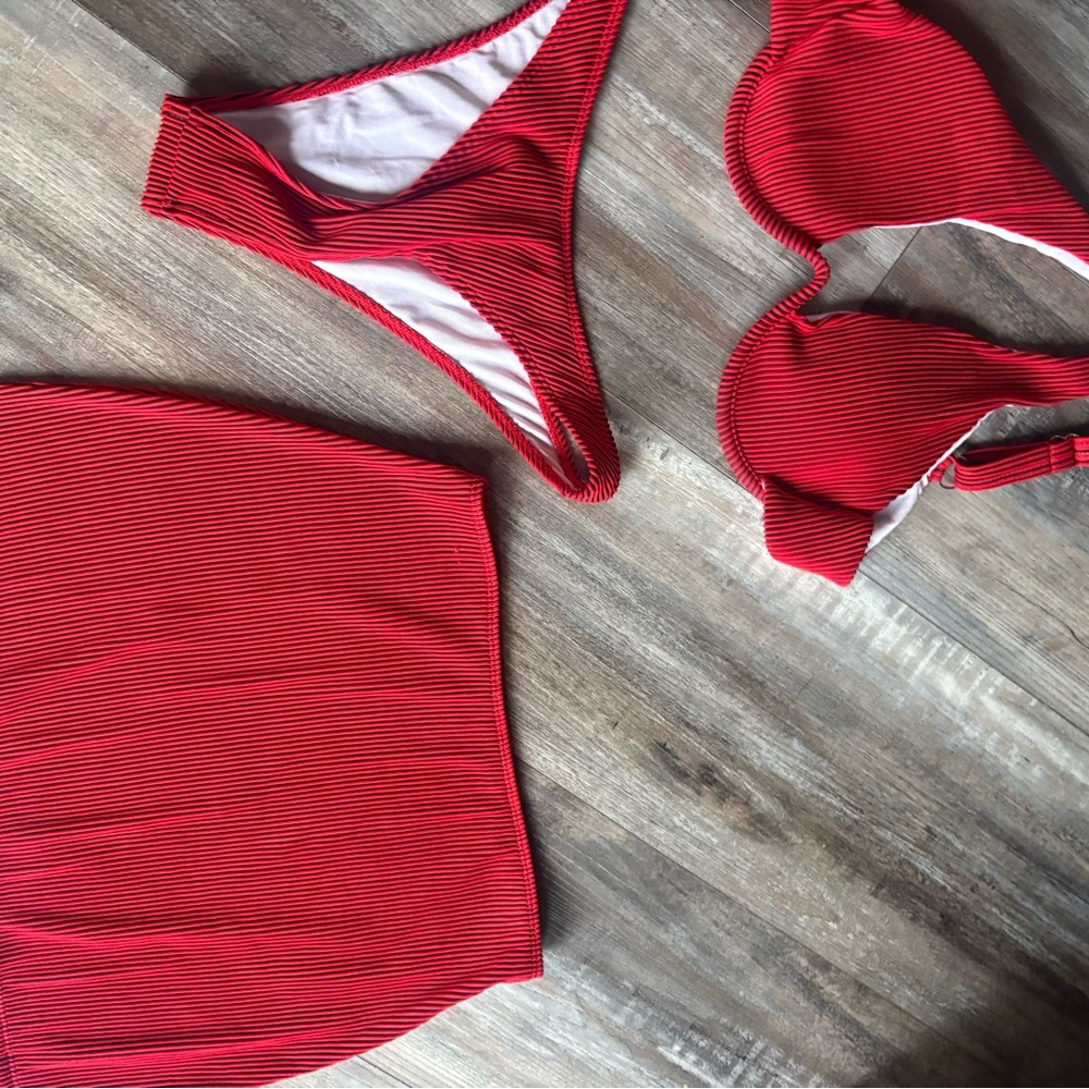 Vibrant Red Ribbed Bikini Set with Skirt